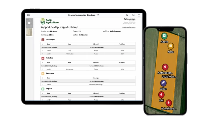 Capture d'écran d'AgConnexion, rapport de dépistage du champ.