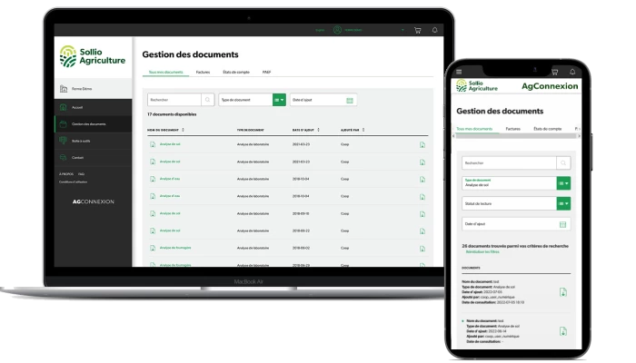 Capture d'écran de la fonctionnalité Gestion des documents de l'application AgConnexion.