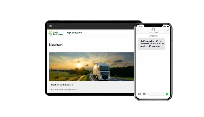 Capture d'écran d'un SMS de suivi de livraison de la part d'AgConnexion.