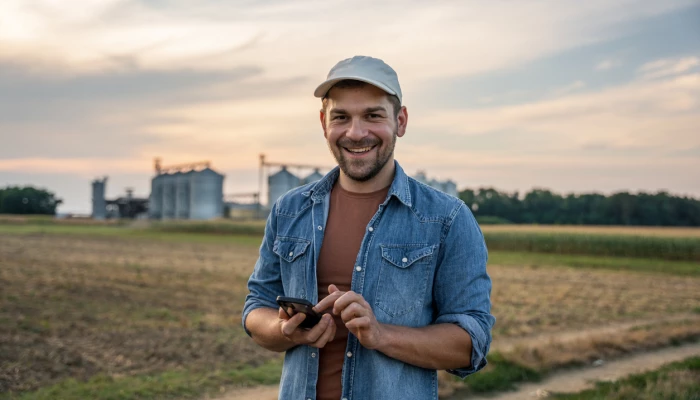 Homme avec le cellulaire à la main devant un champ