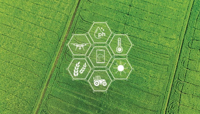 Champ avec un visuel représentant divers aspects de l'agriculture intelligente