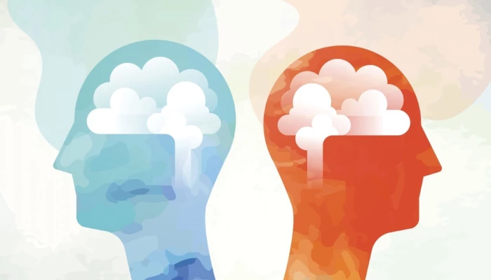 Illustration de deux têtes contenant leurs propres pensées