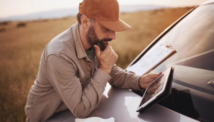 Homme observant sa tablette sur le pare-choc d'un camion.