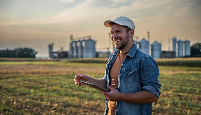 Homme tenant une tablette dans un champ avec des silos