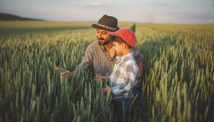 Un père et son fils dans un champ