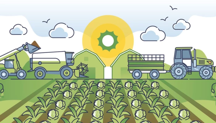 Illustration d'une ferme, un champ et de la machinerie agricole