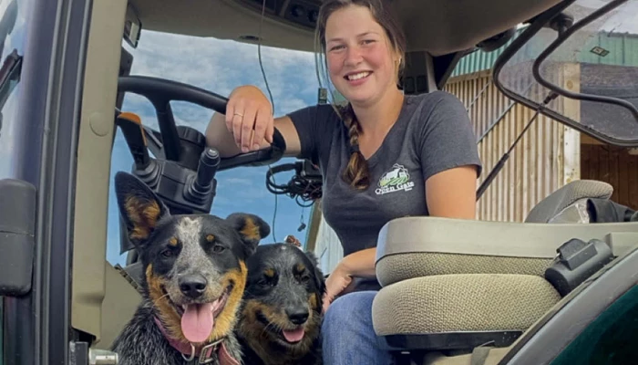 Lily Bouffard dans son tracteur avec ses chiens