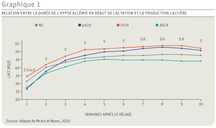 Graphique de la relation entre la durée de l'hypocalcémie en début de lactation et la production laitière.