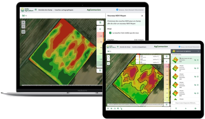 Interface de l'onglet Dossier de champ dans l'application AgConnexion