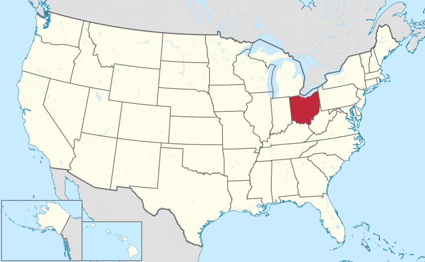 Carte des États-Unis avec l’Ohio en rouge.