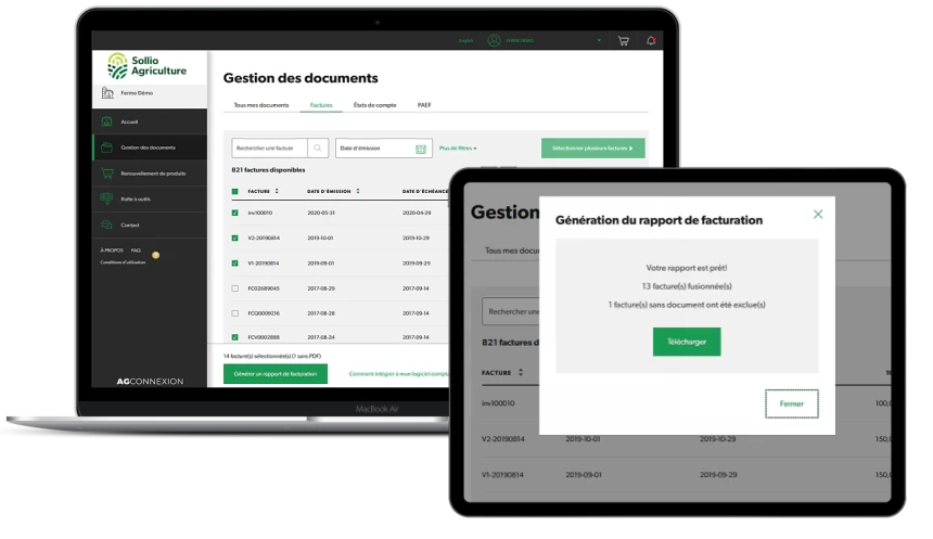 Saisie d'écran du module Gestion des documents dans l'application AgConnexion.