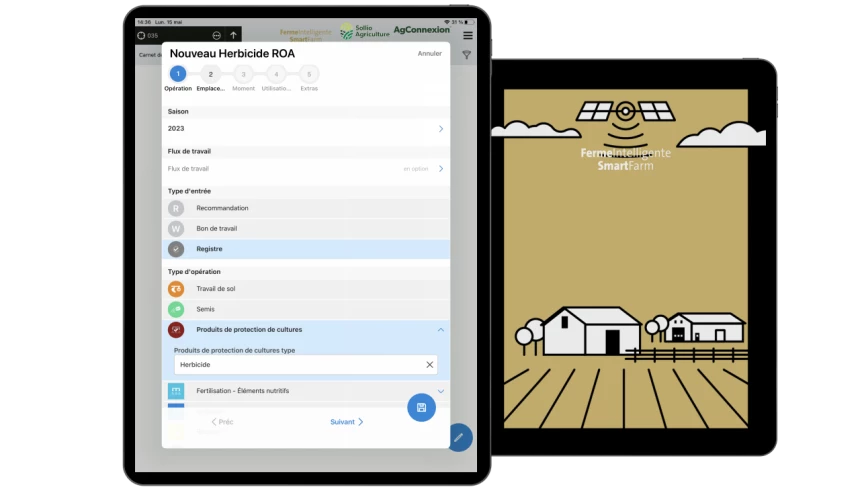 Saisie d'écran de l'outil Carnet de champs dans l'application AgConnexion.