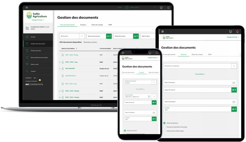 Saisie d'écran du module Gestion des documents dans l'application AgConnexion.