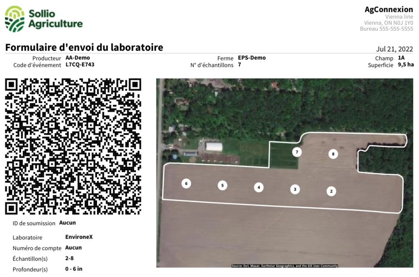 Formulaire d'envoi du laboratoire dans l'application AgConnexion.