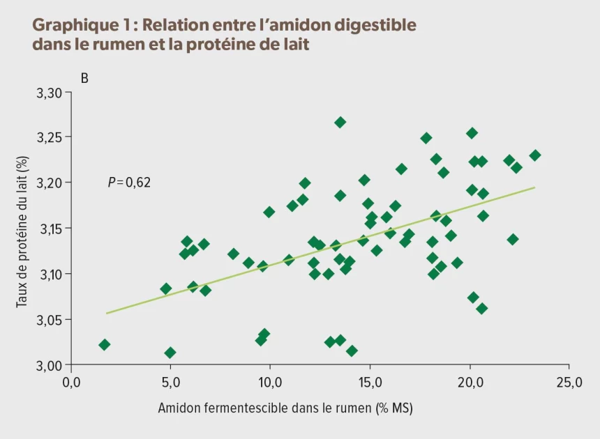Graphique sur la relation entre l'amidon digestible dans le rumen et la protéine de lait